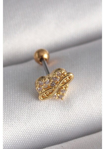 Bfs 316L Çelik Gold Renk Zirkon Taşlı Kalp Sonsuzluk Detay Tragus Piercing