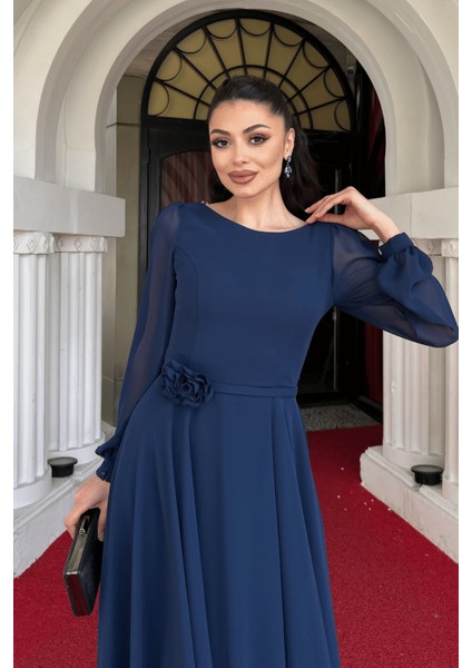 Sifon Kumaş Çiçek Detaylı Midi Elbise - Lacivert