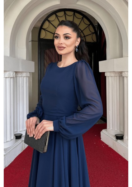 Sifon Kumaş Çiçek Detaylı Midi Elbise - Lacivert