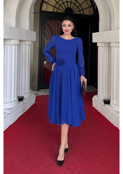 Sifon Kumaş Çiçek Detaylı Midi Elbise - Saks Mavi