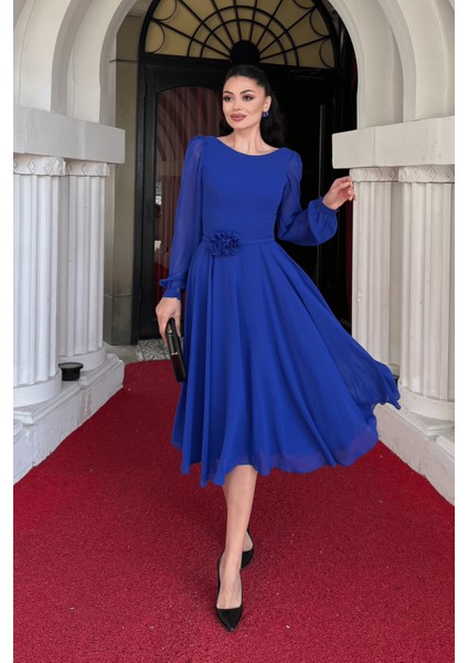 Sifon Kumaş Çiçek Detaylı Midi Elbise - Saks Mavi fiyatları