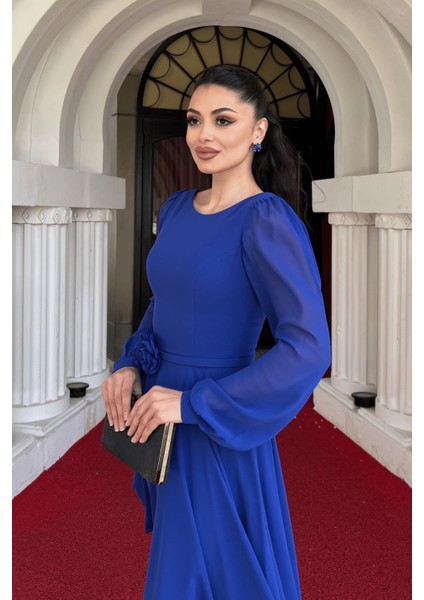 Sifon Kumaş Çiçek Detaylı Midi Elbise - Saks Mavi modelleri