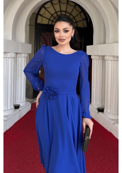 Sifon Kumaş Çiçek Detaylı Midi Elbise - Saks Mavi fırsatları