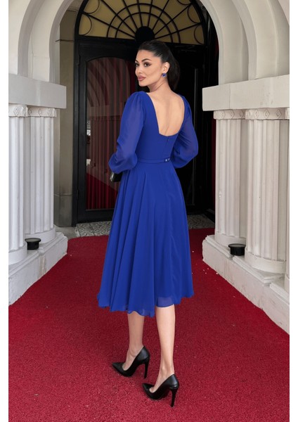 Sifon Kumaş Çiçek Detaylı Midi Elbise - Saks Mavi indirimleri