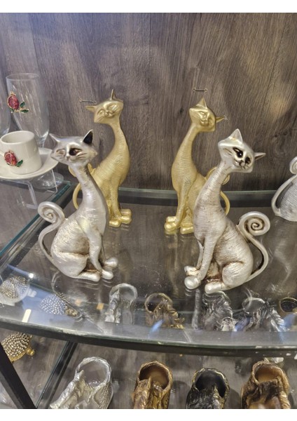 Dekoratif Kedi Biblo Seti | Altın & Gümüş Renk | Polyester Figür fiyatları
