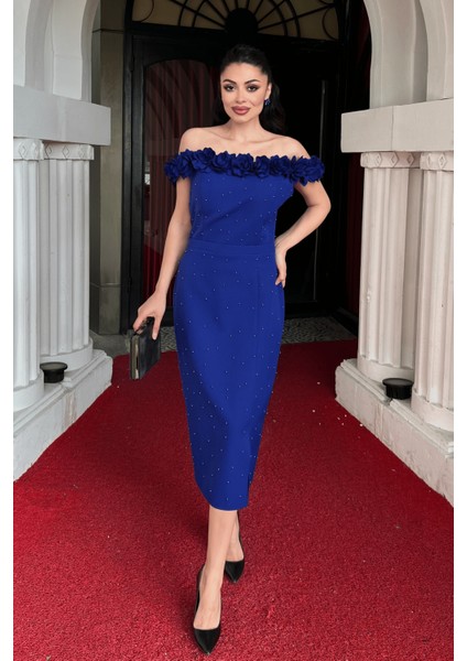 Atlas Kumaş Çiçekli Inci Detaylı Kalem Elbise - Saks Mavi