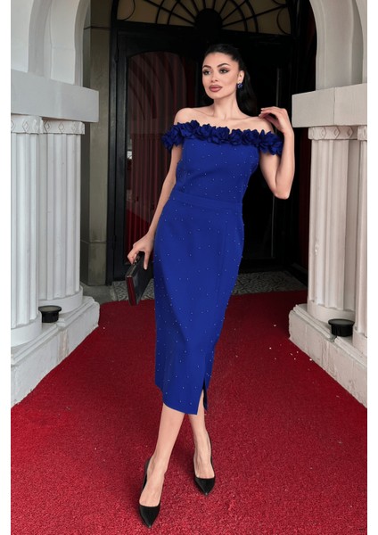 Atlas Kumaş Çiçekli Inci Detaylı Kalem Elbise - Saks Mavi fiyatları