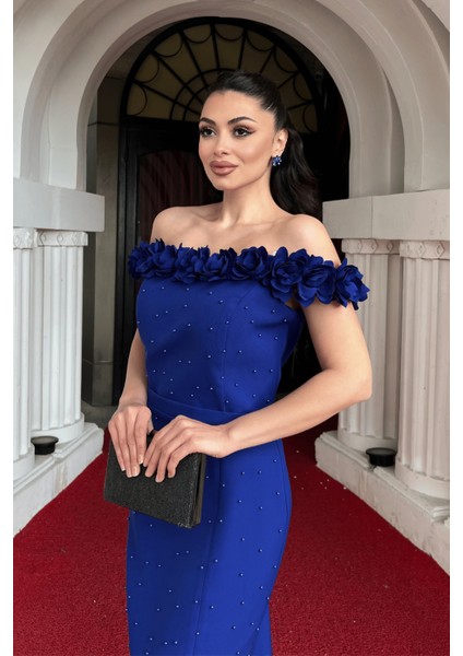 Atlas Kumaş Çiçekli Inci Detaylı Kalem Elbise - Saks Mavi modelleri