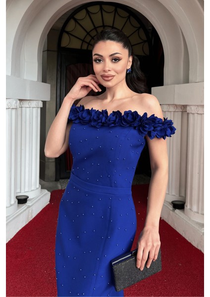 Atlas Kumaş Çiçekli Inci Detaylı Kalem Elbise - Saks Mavi fırsatları