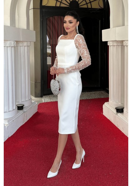 Atlas Kumaş Kolları Boncuk Detaylı Kalem Elbise - Beyaz fiyatları