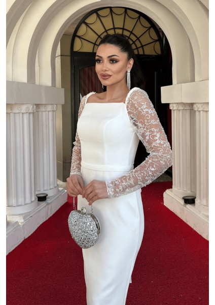 Atlas Kumaş Kolları Boncuk Detaylı Kalem Elbise - Beyaz modelleri