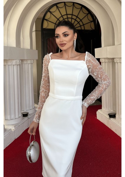 Atlas Kumaş Kolları Boncuk Detaylı Kalem Elbise - Beyaz fırsatları