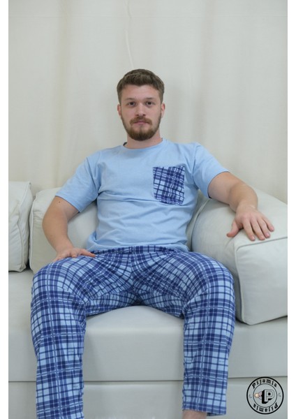 Açık Mavi Ekose Desenli Kısa Kol Erkek Pijama Takımı fiyatları