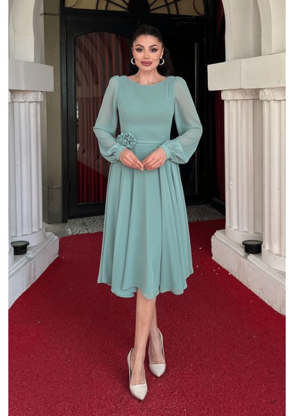 Sifon Kumaş Çiçek Detaylı Midi Elbise - Mint Yeşili