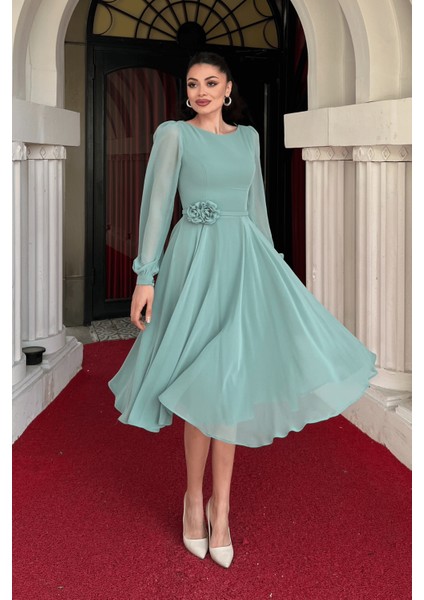 Sifon Kumaş Çiçek Detaylı Midi Elbise - Mint Yeşili