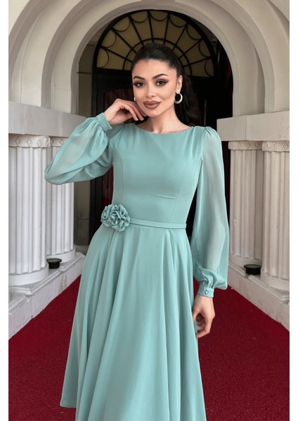 Sifon Kumaş Çiçek Detaylı Midi Elbise - Mint Yeşili