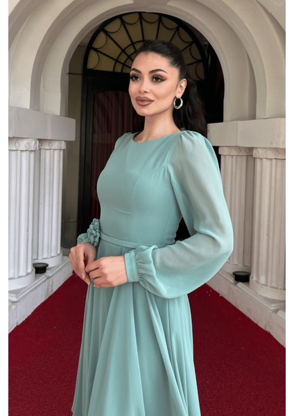 Sifon Kumaş Çiçek Detaylı Midi Elbise - Mint Yeşili