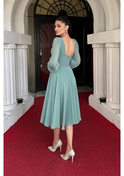 Sifon Kumaş Çiçek Detaylı Midi Elbise - Mint Yeşili