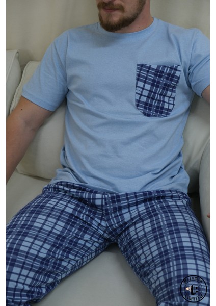 Açık Mavi Ekose Desenli Kısa Kol Erkek Pijama Takımı