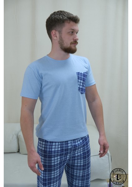 Açık Mavi Ekose Desenli Kısa Kol Erkek Pijama Takımı modelleri