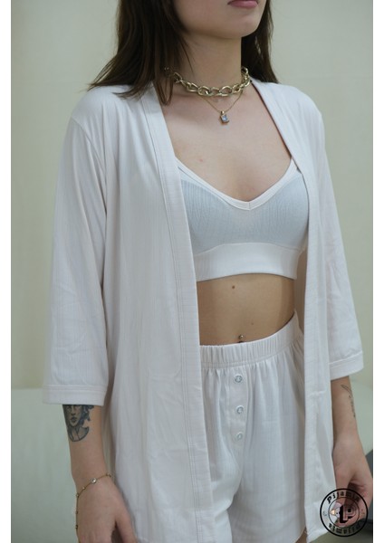 Sabahlıklı Açık Pudra Askılı Şortlu Kadın Pijama Takımı