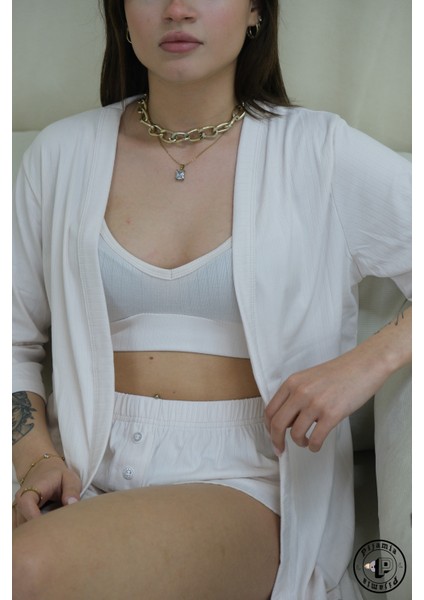 Sabahlıklı Açık Pudra Askılı Şortlu Kadın Pijama Takımı