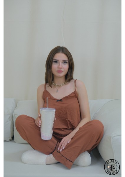 Koyu Kahve Askılı Alt Uzun Kadın Pijama Takımı