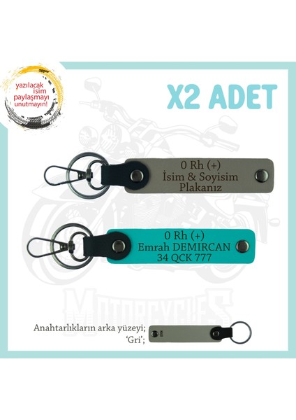 Motor Tutkunlarına Isim Plaka, 0 + Kan Grubu Yazılı Özel Üretim X2 Anahtarlık, Kül Gri-K Turkuaz-Gr