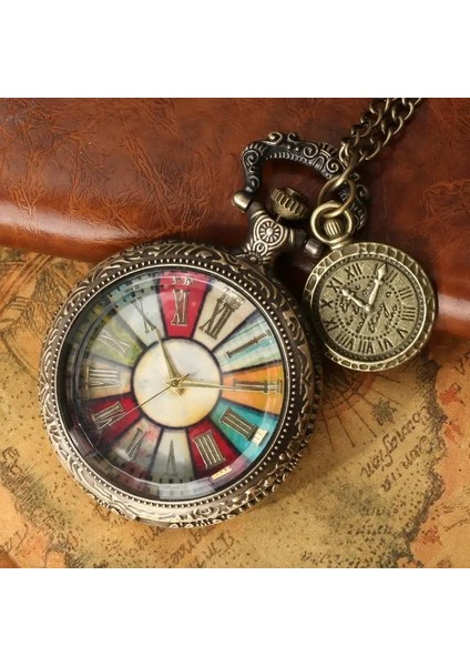 Vintage Antika Tasarım Renkli Roma Rakamlı Bakır Kasa Şeffaf Kapaklı Kuvars Cep Köstekli Saat
