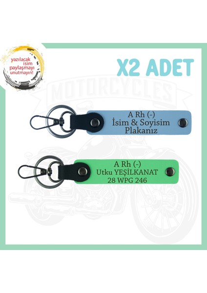 Gök Mavi-F. Yeşil, Biker Dostlarına, Isim Plaka ve A Rh (-) Kan Grubu Yazılı, Motor 2'li Anahtarlık