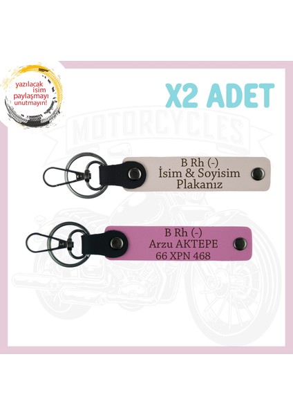 Pudra-Pembe, Motor Severlere, Isim Plaka ve B - Kan Grubu Yazılı Özel Tasarım Deri 2'li Anahtarlık