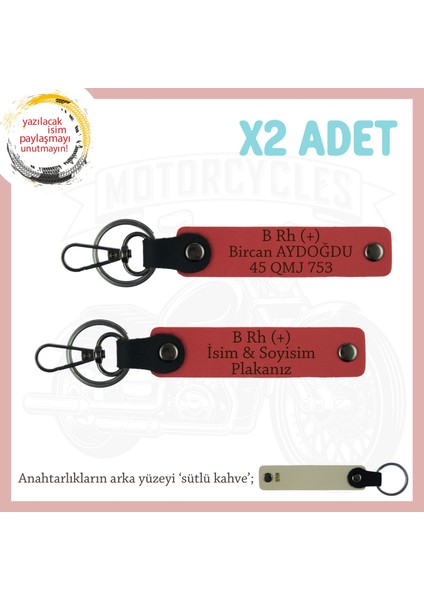 Motor Severlere Özel Isim Plaka, B Rh (+) Kan Grubu Yazılı Deri X2 Hediye Anahtarlık, Nar Çiçeği-Sk