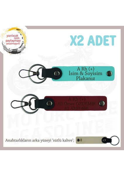 Motor Tutkunlarına Özel Isim Plaka, A+ Kan Grubu Yazılı Özel Üretim X2 Anahtarlık, Turkuaz-Bordo-Sk