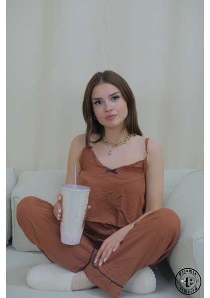 Koyu Kahve Askılı Alt Uzun Kadın Pijama Takımı