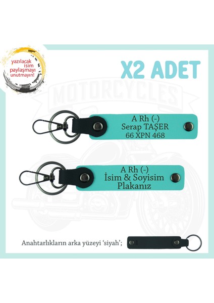 Motor Plakan ve Ismin Anahtarlığında! Isim Plaka ve A Rh (-) Kan Grubu 2'li Anahtarlık, Turkuaz-Syh