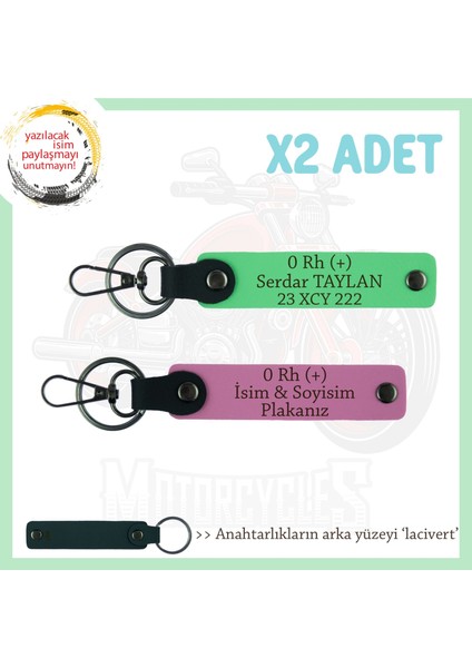 Hız Tutkunlarına Özel Isim Plaka ve 0 Rh (+) Kan Grubu Yazılı Deri X2 Anahtarlık, Pembe-F Yeşil-Laci