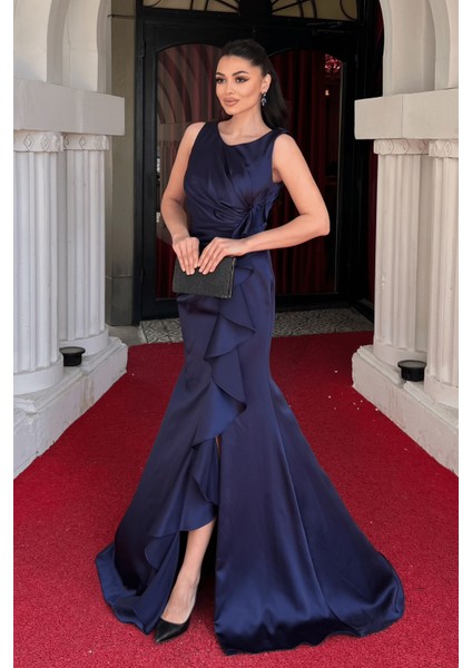 Saten Kumaş Volan Detaylı Balık Elbise - Lacivert fiyatları