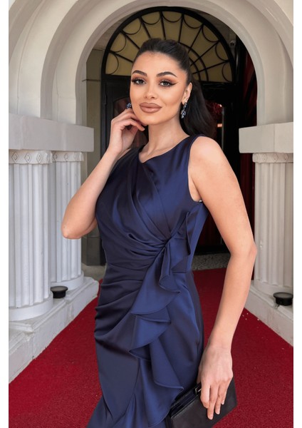 Saten Kumaş Volan Detaylı Balık Elbise - Lacivert modelleri