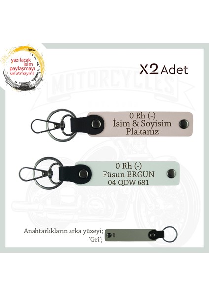 Motor Tutkunlarına Özel, Isim Plaka ve 0 Rh (-) Kan Grubu Yazılı Deri X2 Anahtarlık, Pudra-Beyaz-Gr