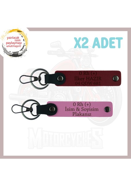 Pembe-Bordo, Biker Tarzına Özel Isim Plaka ve 0 Rh (+) Kan Grubu Yazılı Hediye, Deri 2'li Anahtarlık
