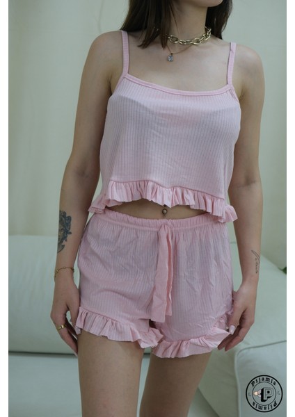 Pembe Şortlu Askılı Crop Kadın Pijama Takımı
