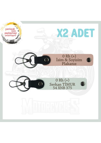 Yavruağzı-Beyaz, Motosiklet Severlere Özel, Isim Plaka ve 0 Rh (+) Yazılı Deri 2'li Anahtarlık Set