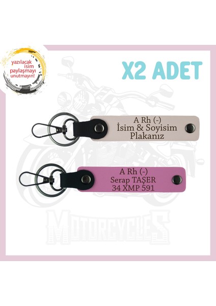 Pudra-Pembe, Motor Severlere, Isim Plaka ve A - Kan Grubu Yazılı Özel Tasarım Deri 2'li Anahtarlık