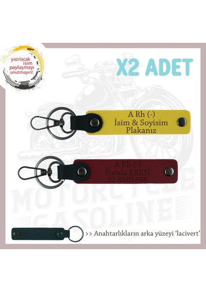 Motor Tutkunlarına, Isim Plaka ve A Rh (-) Kan Grubu Özel Üretim X2' Li Anahtarlık, Sarı-Bordo-Laci