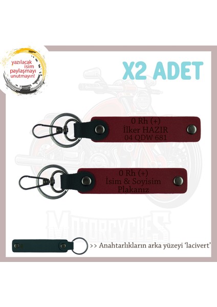 Hız Aşıklarına Isim Plaka ve 0 Rh (+) Kan Grubu Yazılı Özel Hediye X2' Li Set Anahtarlık, Bordo-Laci