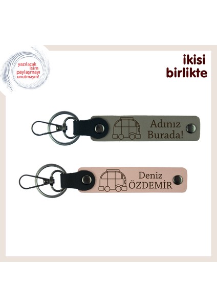 Hayatını Kamp Alanlarında Geçirenlere, Deri Anahtarlık X2’li. Isim Yazılabilir, Kül Gri-Yavru Ağzı