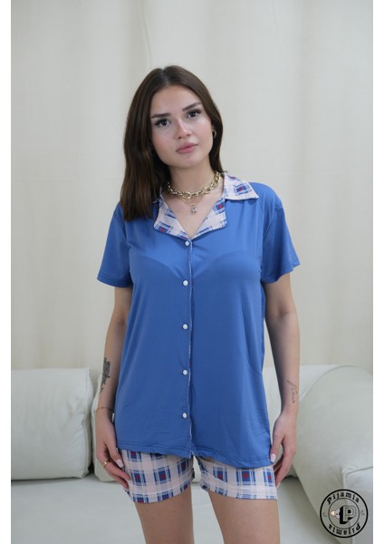 Mavi Beyaz Kalpli Düğmeli Şortlu Kadın Pijama Takımı fırsatları