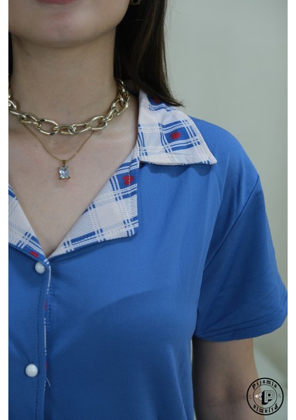 Mavi Beyaz Kalpli Düğmeli Şortlu Kadın Pijama Takımı