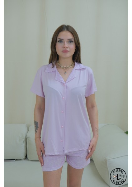 Pembe Çiçek Desenli Düğmeli Kısa Kol Kadın Pijama Takımı