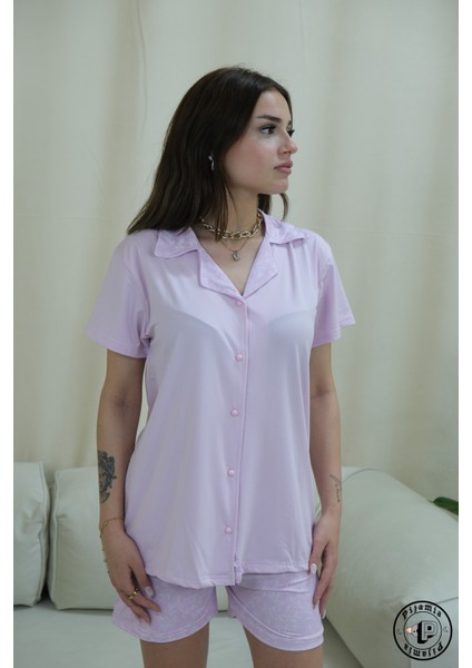 Pembe Çiçek Desenli Düğmeli Kısa Kol Kadın Pijama Takımı